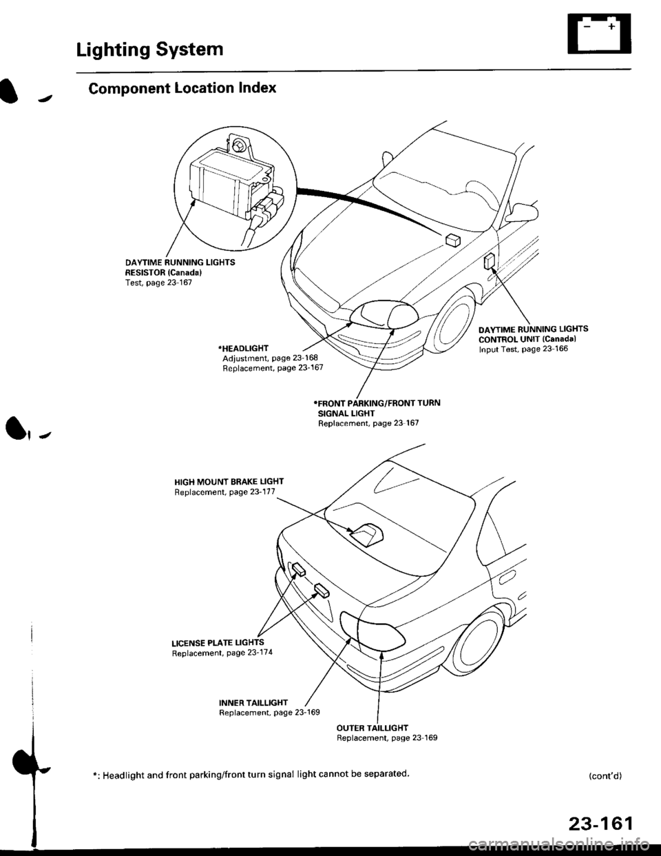 HONDA CIVIC 1997 6.G Repair Manual Lighting System
Component Location Index
DAYTIME RUNNING LIGHTSRESISTOR {Canada)Test, page 23 167
DAYTIME RUNNING LIGHTS
CONTROL UNIT (Canadal
Input Test, Page 23 166*HEADLIGHT
Adiustment, page 23-168