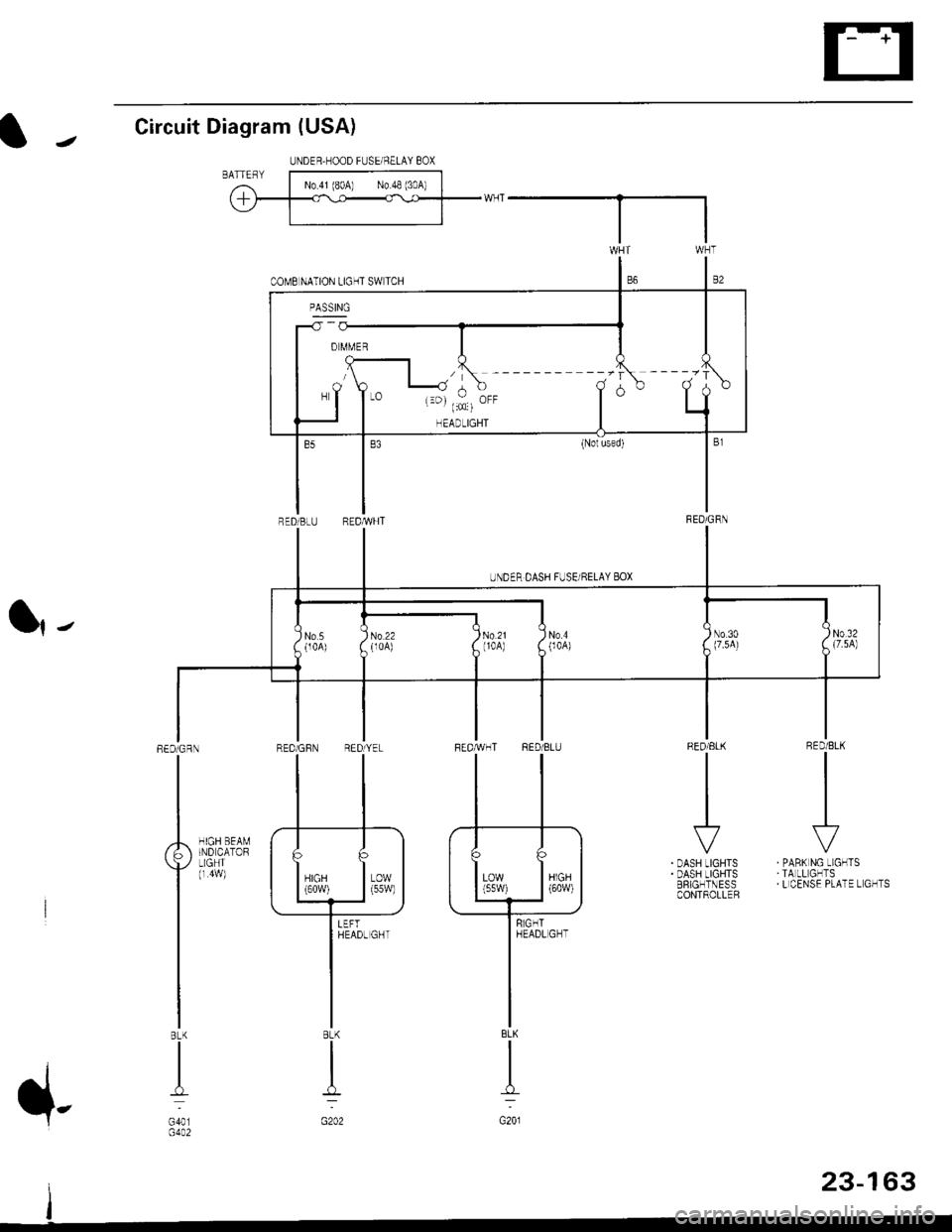 HONDA CIVIC 2000 6.G Workshop Manual Circuit Diagram (USA)
l|-
RED/BLK
II
I
\?
PABK NG LIGHTSTA LL GHTSL CENSE PLATE L GHTS
RED/ELK
III
I
r
DASH LIGHTSDASH LIGHTSERIGHTNESSCONTROLLER
HIGH BEAMIND CATORLIGHT(r 4w)
REDiGRN
I
BLK
I
G401G4A
