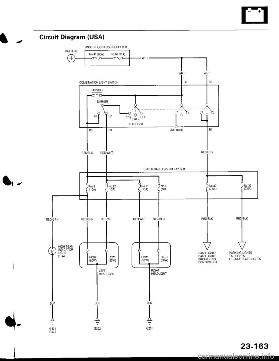 HONDA CIVIC 1998 6.G Workshop Manual Circuit Diagram (USA)
l|-
RED/BLK
II
I
\?
PABK NG LIGHTSTA LL GHTSL CENSE PLATE L GHTS
RED/ELK
III
I
r
DASH LIGHTSDASH LIGHTSERIGHTNESSCONTROLLER
HIGH BEAMIND CATORLIGHT(r 4w)
REDiGRN
I
BLK
I
G401G4A HONDA CIVIC 1998 6.G Workshop Manual Circuit Diagram (USA)
l|-
RED/BLK
II
I
\?
PABK NG LIGHTSTA LL GHTSL CENSE PLATE L GHTS
RED/ELK
III
I
r
DASH LIGHTSDASH LIGHTSERIGHTNESSCONTROLLER
HIGH BEAMIND CATORLIGHT(r 4w)
REDiGRN
I
BLK
I
G401G4A