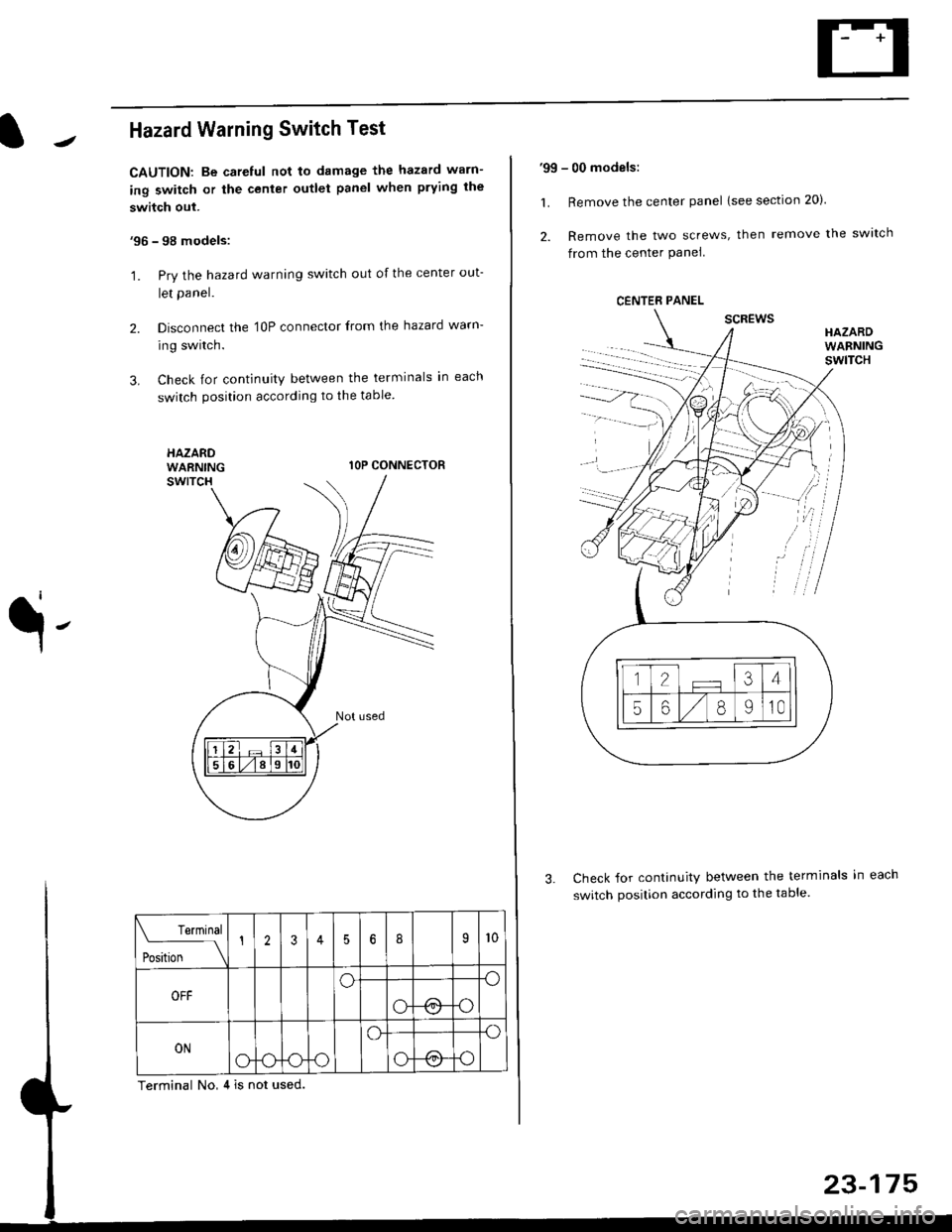 HONDA CIVIC 1997 6.G User Guide Hazard Warning Switch Test
CAUTION: Be careful not to damage the hazard warn-
ing switch or the center outlet panel when prying the
switch out.
96 - 98 models:
1. Pry the hazard warning switch out o