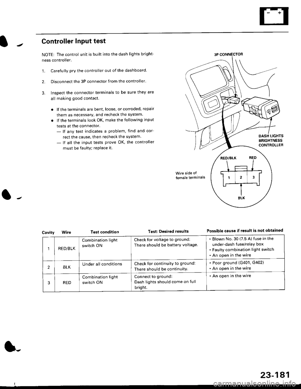 HONDA CIVIC 1998 6.G User Guide Controller Input test
NOTEr The control unit is built into the dash lights bright-
ness controller.
1. Carefully pry the controller out of the dashboard.
2. Disconnect the 3P connector from the contr HONDA CIVIC 1998 6.G User Guide Controller Input test
NOTEr The control unit is built into the dash lights bright-
ness controller.
1. Carefully pry the controller out of the dashboard.
2. Disconnect the 3P connector from the contr