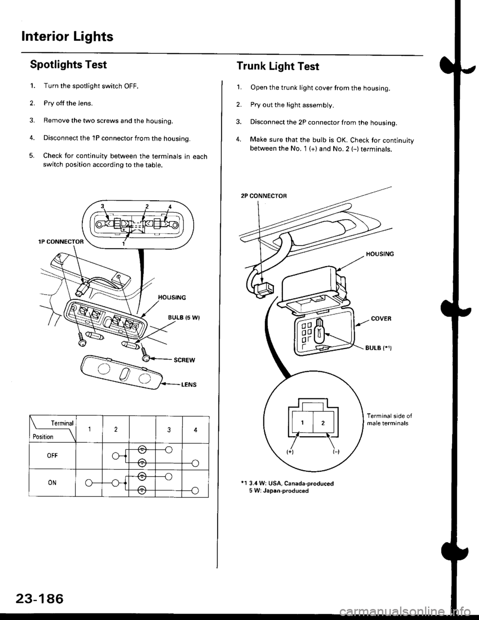 HONDA CIVIC 1996 6.G Workshop Manual Interior Lights
Spotlights Test
1. Turn the spotlight switch OFF.
2. Pry off the lens.
3. Remove the two screws and the housing.
4. Disconnect the 1P connector from the housing.
5. Check for continuit HONDA CIVIC 1996 6.G Workshop Manual Interior Lights
Spotlights Test
1. Turn the spotlight switch OFF.
2. Pry off the lens.
3. Remove the two screws and the housing.
4. Disconnect the 1P connector from the housing.
5. Check for continuit