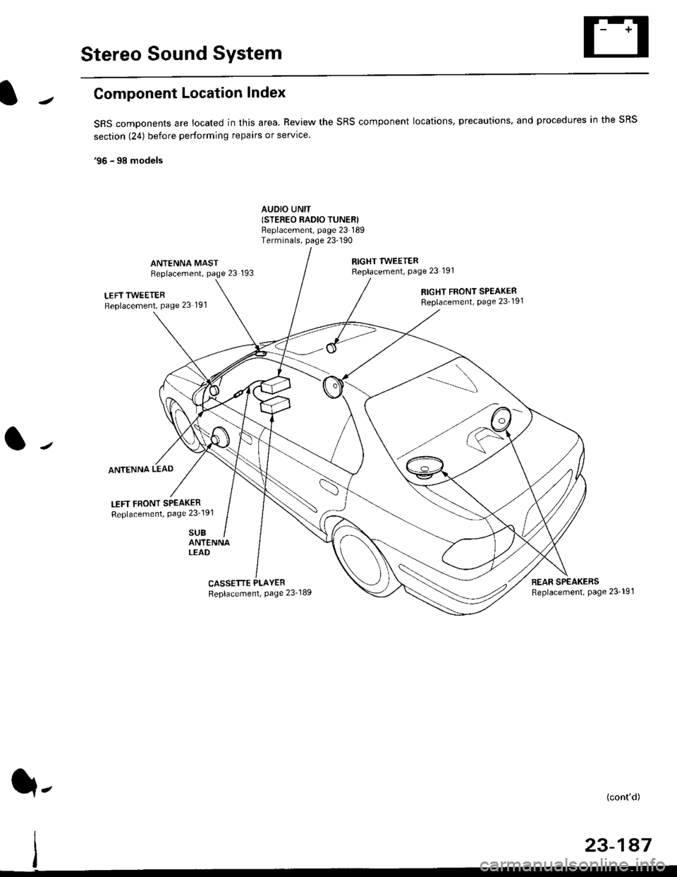 HONDA CIVIC 1997 6.G Workshop Manual Stereo Sound System
Component Location Index
SRS components are located in this area. Review the SRS component locations, precautions. and procedures in the SRS
section (24) before performing repairs 