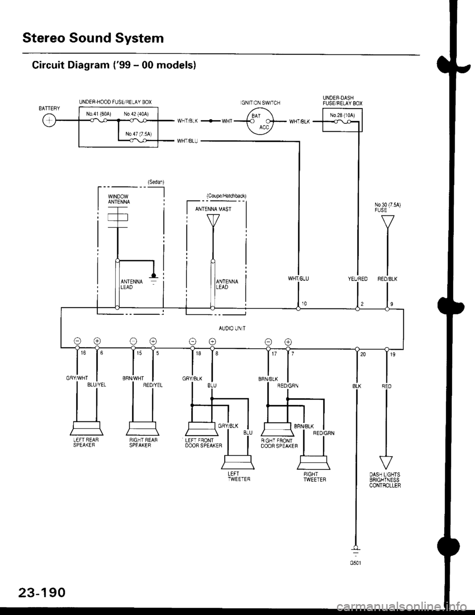 HONDA CIVIC 2000 6.G Workshop Manual Stereo Sound System
UNDER-DASI.]FUSEi RELAY 8OX
l- -r,*;l
I
I
I
I
I
I
IYEUFED
(Sedan)--l
(Coupe/Horchbach)
Circuit Diagram (99 - 00 models)
No 30 (7.54)FUSE
V
IRED/BLK
I
I
I
vDASH LGHTSBHIGHTNESSCON