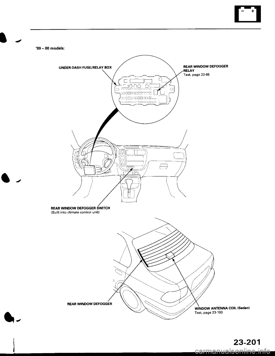 HONDA CIVIC 1996 6.G Workshop Manual 99 - 00 models:
UNDER.OASH FUSE/RELAY BOX
REAR WINDOW DEFOGGER(Built into climate control unit)
REAR WINDOW DEFOGGER
Test, page 23-86
ANTENNA COIL (Sedsn)
f l_ f= L
rofia trF.-lj
l-
REAR WINDOW DE