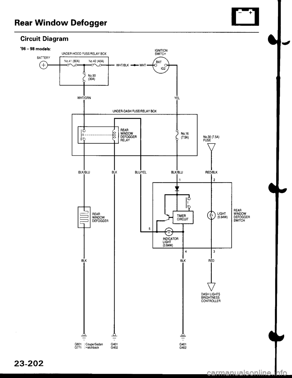 HONDA CIVIC 2000 6.G Workshop Manual Rear Window Defogger
Circuit Diagram
36 - 98 models:IGNITIONswtTcH
/ BAT \+ otst
\:7 |
I
IIYE
WHT/BLK +WHT
wtNDow
BLKBLU
It-lt-l
TBLK
UNOEF,HOOD FUSE/RELAY BOX
N0.41 (e,oA) No a2 (aoA)
G40lG402G601 :