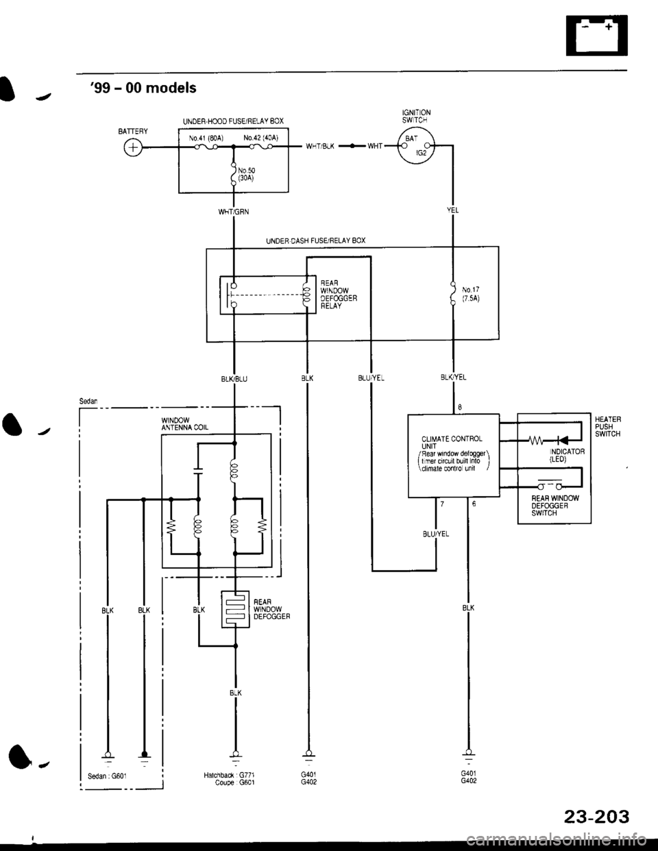 HONDA CIVIC 2000 6.G Workshop Manual 99 - 00 models
IGNITONSWTCH
-fO Ctsr
\j7 |
I
I
WHT/BLK +WHT
HEATERPUSHswtTcH
BLK
G40lG402
BLK
G401G402
UNDER HOOD FUSEi RELAY BOX
No 4r (80A) No 42 (40A)
8
CLIMATE CONTROLUNIT/ R€ar window delogg�