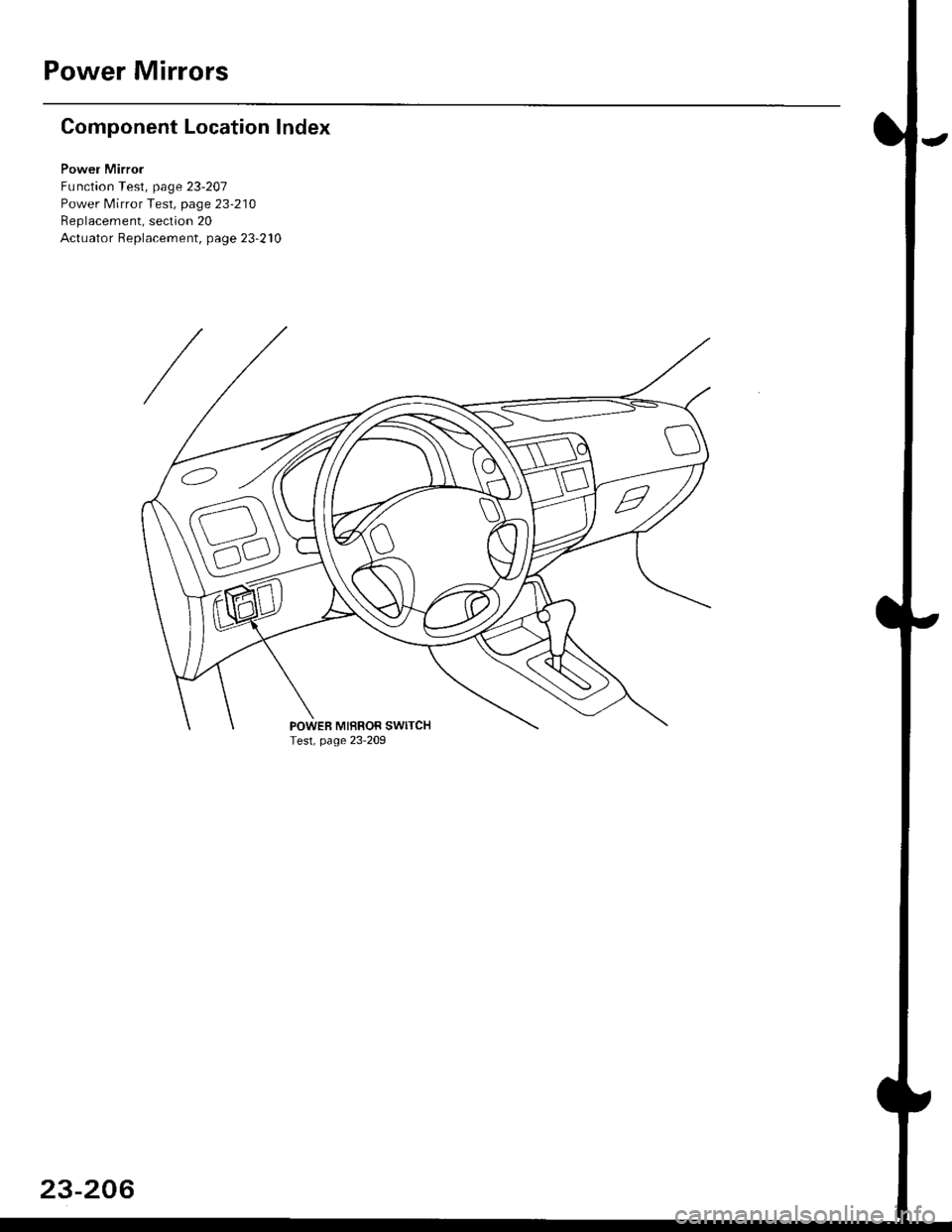 HONDA CIVIC 1996 6.G Manual PDF Power Mirrors
Component Location Index
Powel Mirror
Function Test, page 23-2Oj
Power Mirror Test, page 23-210
Replacement, section 20
Actuator Replacement, page 23-210
POWEB MIEROR SwlTCHTest, page 2