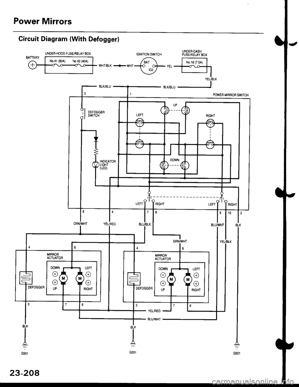 HONDA CIVIC 1998 6.G Workshop Manual Power Mirrors
UNDER.OASHFUSE/FELAY BOX
Circuit Diagram {With Defogger)
BLK
G551
8LK
I
G551
YEURED
BLUMHT
8LK
II
-f,:
G551
23-208
UNDER-HOOD FUSE/RELAY BOX
/lr,---------- ---zlr
IBLUELKlYEUBEO
6
ORN/