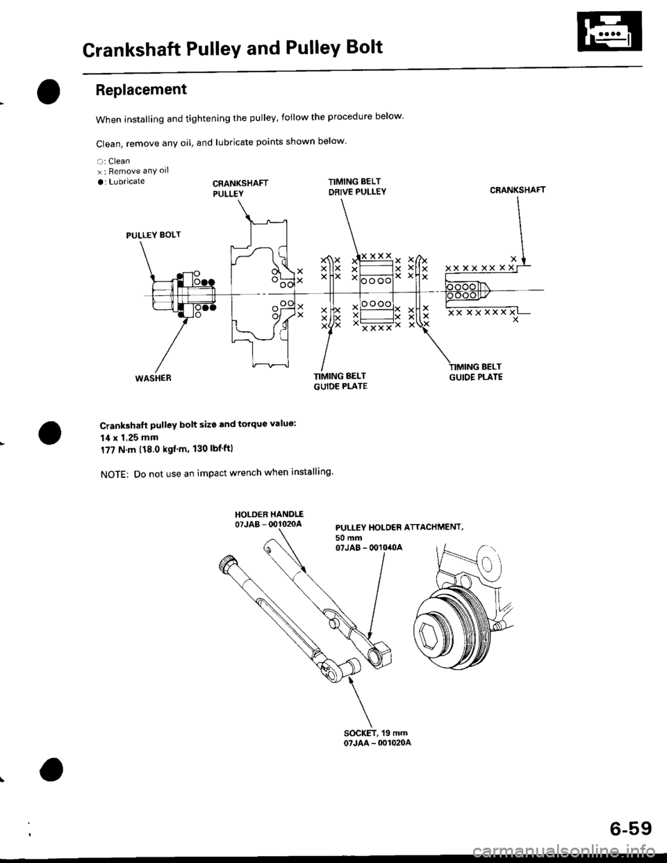 HONDA CIVIC 2000 6.G Workshop Manual Crankshaft PulleY and PulleY Bolt
Replacement
When installing and tightening the pulley, follow the procedure below
Clean, remove any oil, and lubricate points shown below
a: Cleanx : Bemove anY oll
