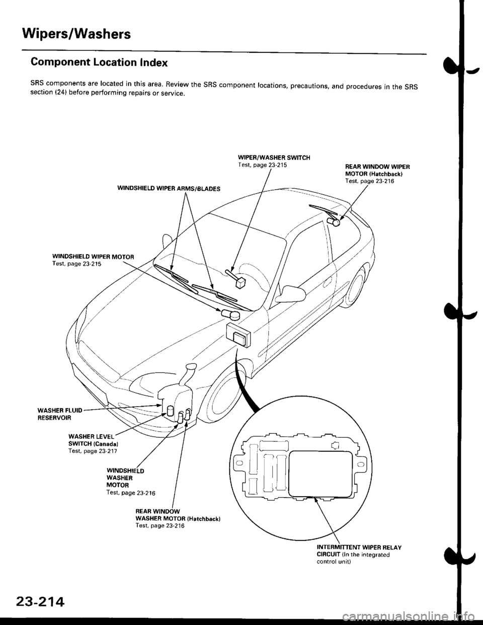HONDA CIVIC 1998 6.G User Guide Wipers/Washers
Component Location Index
SBS components are located in this area, Review the SRS component locations, precautions, and procedures in the SRSsection (241 betore performing repairs or ser