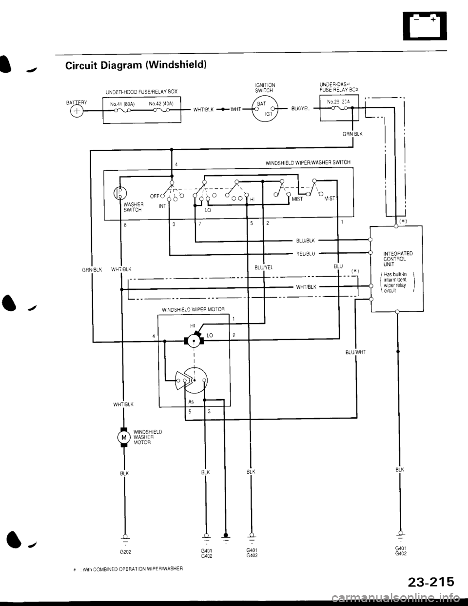 HONDA CIVIC 2000 6.G Service Manual IJCircuit Diagram (Windshield)
UNDER DASIFUSE F-AY B3X
GRN Bt(
a/
BLK
G40lG402
8LK
G401G402
.r^_",,,*:
{ M } WASHEF
Y 
r,roroR
IBLK
I
I
I-
GzO2
COMB NED OPERAT ON WIPEF/WASHER
UNDER,HOOD FUSElFELAY 
