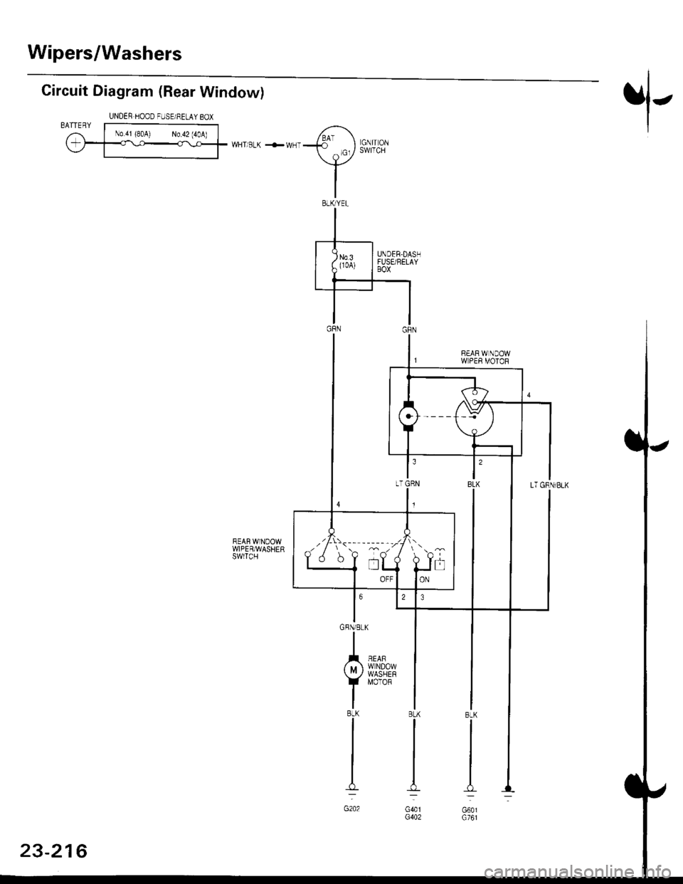 HONDA CIVIC 1996 6.G Workshop Manual Wipers/Washers
Circuit Diagram (Rear Window)
UNDEN HOOD FUSE/RELAY BOX
"l-
WHTi BLK +WI]T
REAF WINDOWWIPERMASHERSWITCH
GRN/BLK
A
IB!K
t-
ouo,G761ooo,G402
,/-t:<-- -----,-l
23-216 