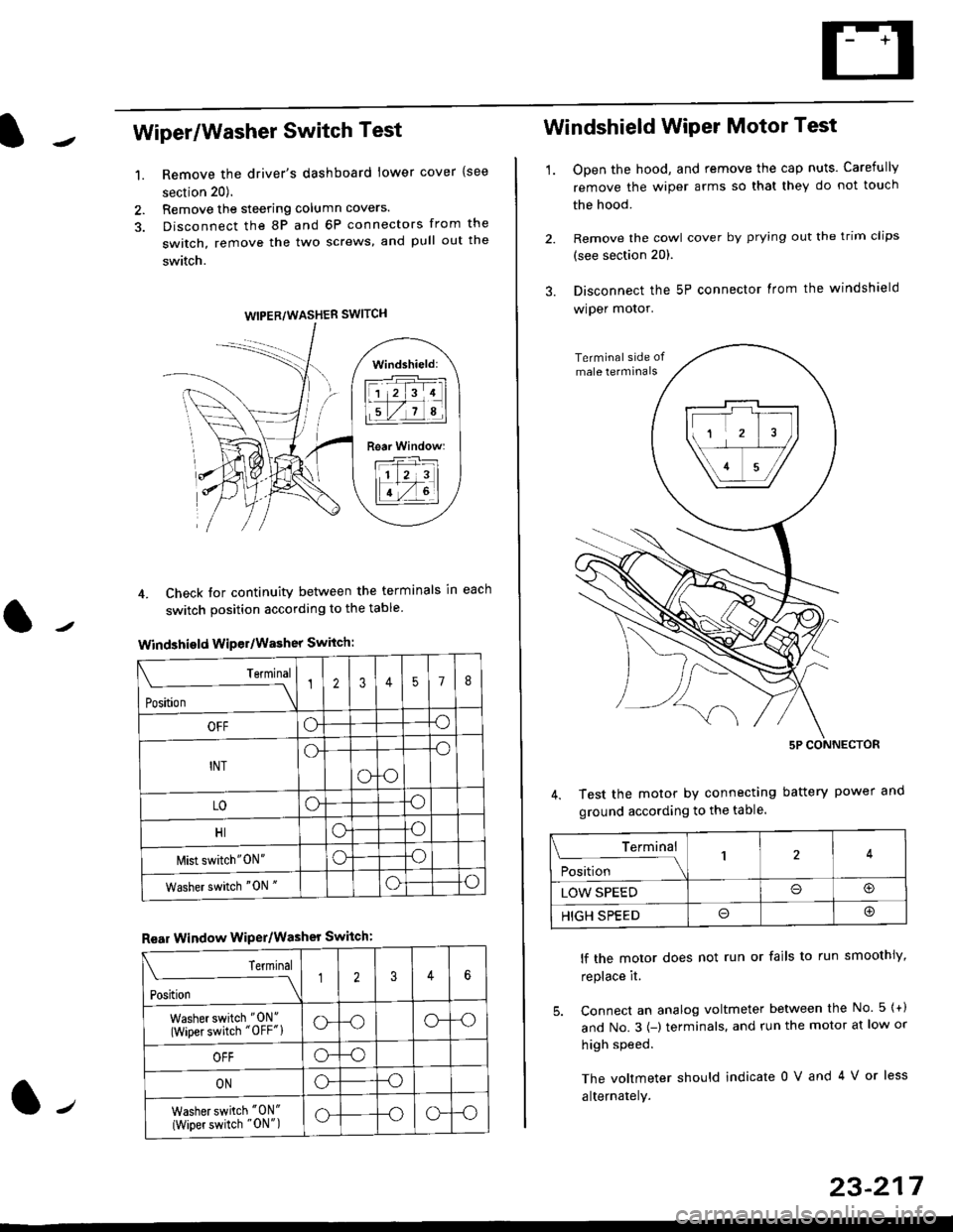 HONDA CIVIC 1996 6.G Owners Manual Wiper/Washer Switch Test
Remove the drivers dashboard lower cover {see
section 20).
Remove the steering column covers.
Disconnect the 8P and 6P connectors from the
switch, remove the two screws, and 