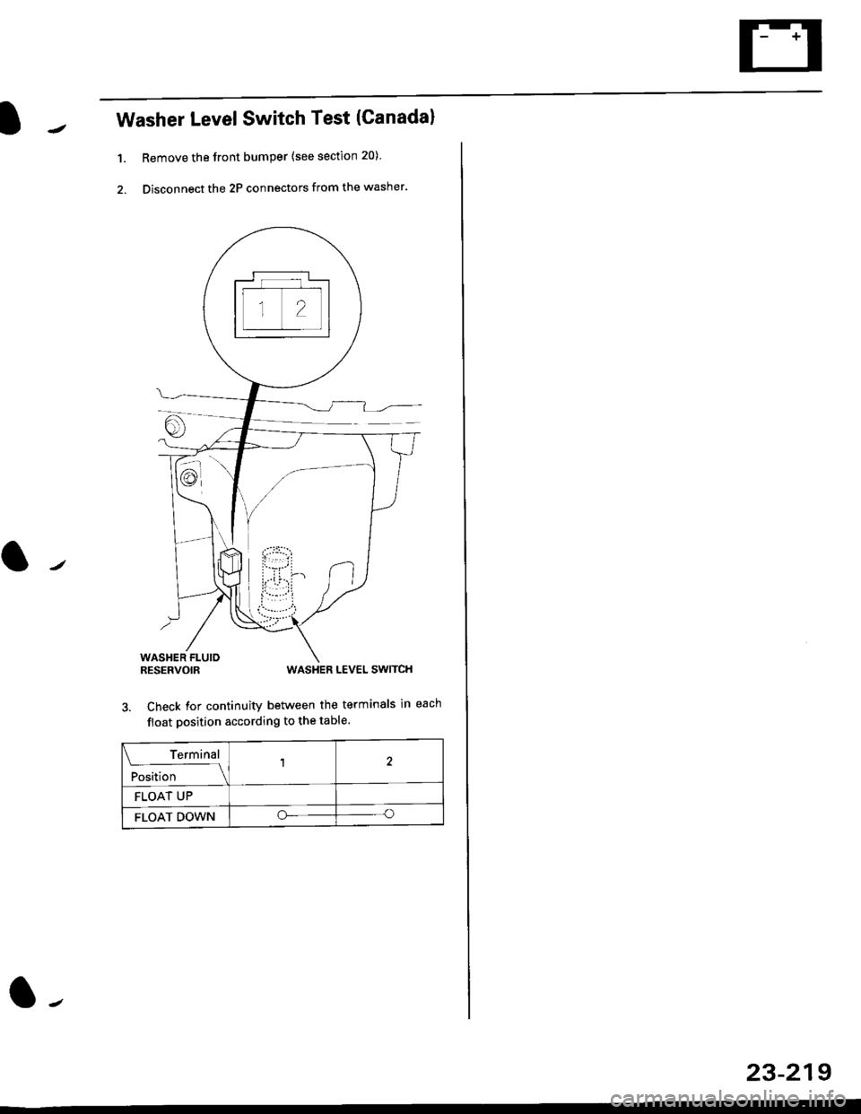 HONDA CIVIC 1997 6.G Workshop Manual Washer LevelSwitch Test (Canadal
1. Remove the front bumper {see section 20)
2. Disconnect the 2P connectors from the washer.
WASHER FLUIORESERVOIRWASHER LEVEL SWITCH
3. Check for continuity between t HONDA CIVIC 1997 6.G Workshop Manual Washer LevelSwitch Test (Canadal
1. Remove the front bumper {see section 20)
2. Disconnect the 2P connectors from the washer.
WASHER FLUIORESERVOIRWASHER LEVEL SWITCH
3. Check for continuity between t