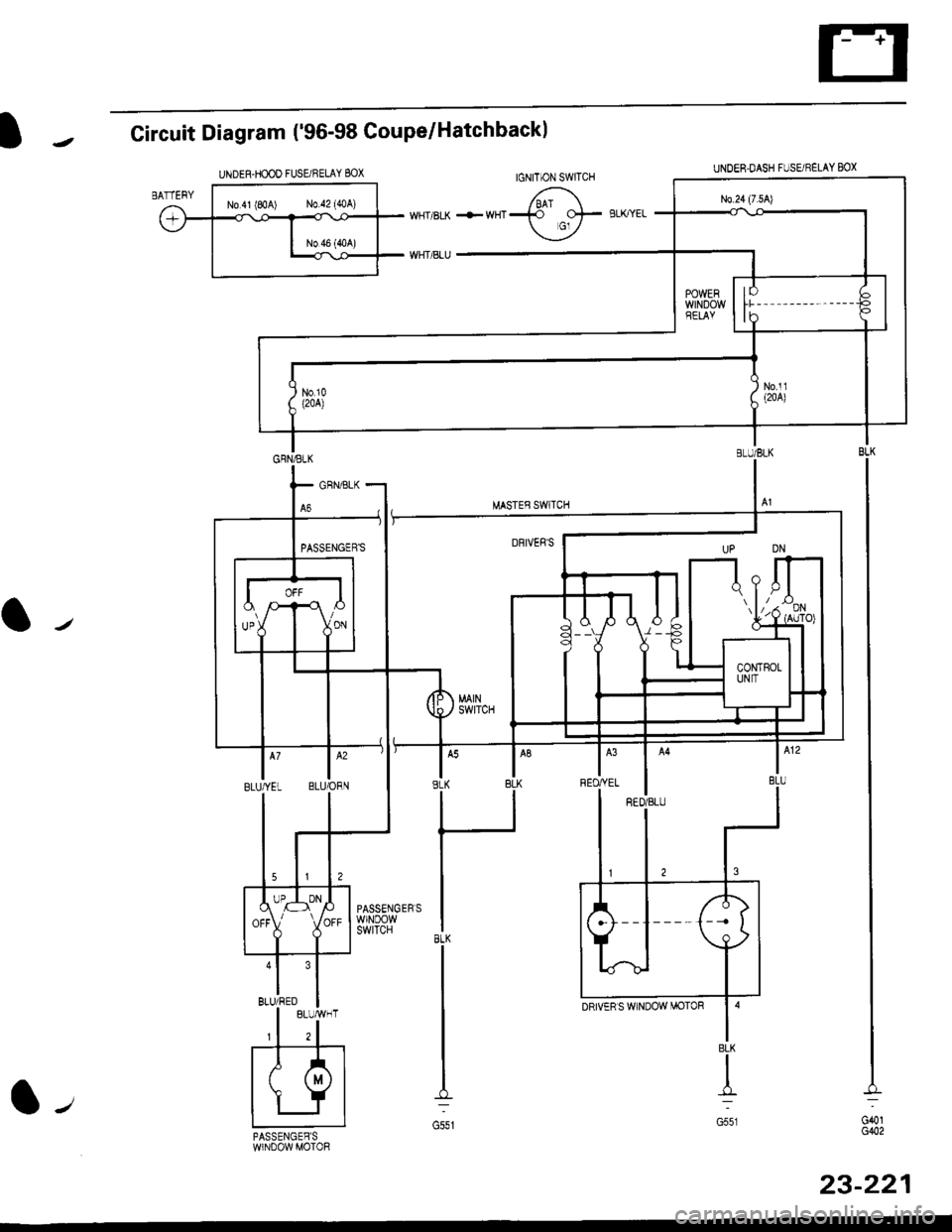 HONDA CIVIC 1998 6.G Workshop Manual IJCircuit Diagram (96-98 Coupe/Hatchbackl
WHT]BLK +WHT
WHTtsLU
l/
UNDER.HOOD FUSE/RELAY BOX
BLK
G551PASSENGEBSWNDOW MOIOR
G401G()2
23-221
l, 