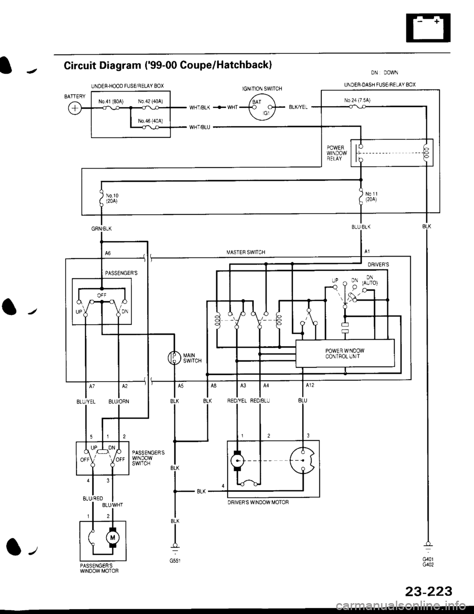 HONDA CIVIC 1998 6.G Workshop Manual Circuit Diagram (99-00 Coupe/Hatchback)
BLUYEL BLU/ORN
a/
BLU/RED
#*
lulPASSENGERSWINDOW MOTOR
G401G402
23-223
PASSENGERS
UNDER.DASH FUS€/RELAY BOX
DRIVER S W NDOW MOTOR
BLK
lt, HONDA CIVIC 1998 6.G Workshop Manual Circuit Diagram (99-00 Coupe/Hatchback)
BLUYEL BLU/ORN
a/
BLU/RED
#*
lulPASSENGERSWINDOW MOTOR
G401G402
23-223
PASSENGERS
UNDER.DASH FUS€/RELAY BOX
DRIVER S W NDOW MOTOR
BLK
lt,