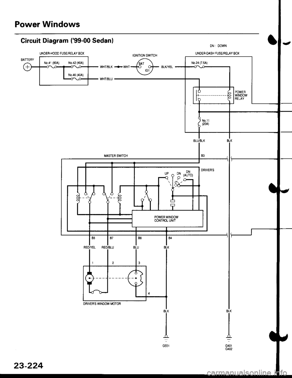 HONDA CIVIC 1996 6.G User Guide Power Windows
Gircuit Diagram (99-00 Sedanl
UNDEF.HOOO FUSE/RELAY BOX
G401G402
BLK
I-.=
G551
23-224 