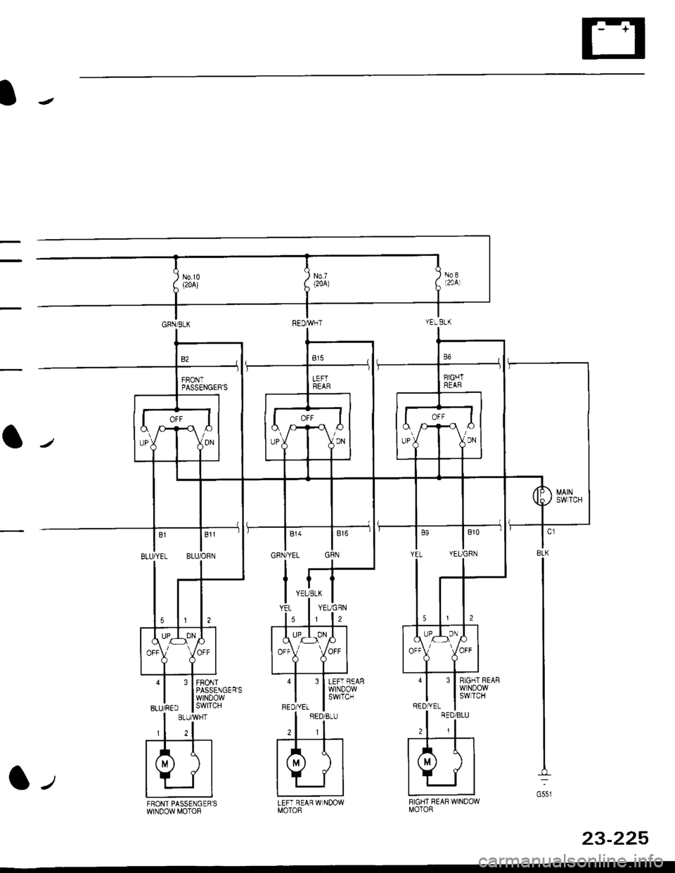 HONDA CIVIC 1996 6.G User Guide FRONTPASSENGERS
| 
o
GRN,ryEL
l"YEL
ls
4
2
l*YEL
810
YEUGRN
3 I RIGHT REAB
BLU,YEL BLU/OFN
4I 3IFFONT
^l
YEUGRN
lz
UB
8LK
G55l
PASSENGERSwrNDowBLdRED lSwlTCH
wINDOWSWTCH
FEDI{EL
.I+
El.lFRONT PASS