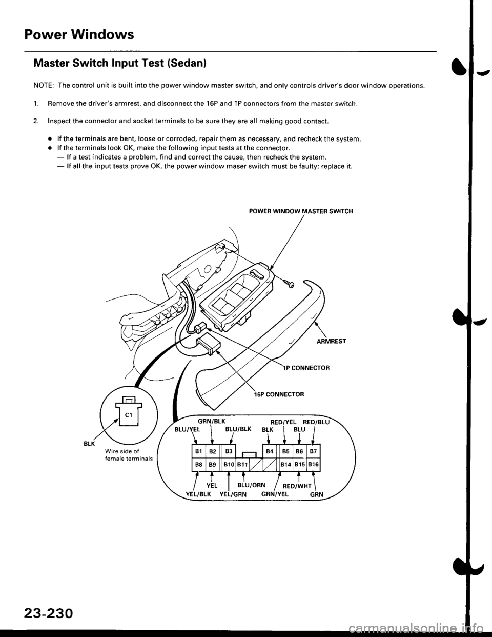 HONDA CIVIC 1997 6.G Workshop Manual Power Windows
Master Switch Input Test (Sedan)
NOTE: Thecontrol unit is built intothe power window master switch, and only controls drivers door window operations.
1. Remove the drivers armrest, and
