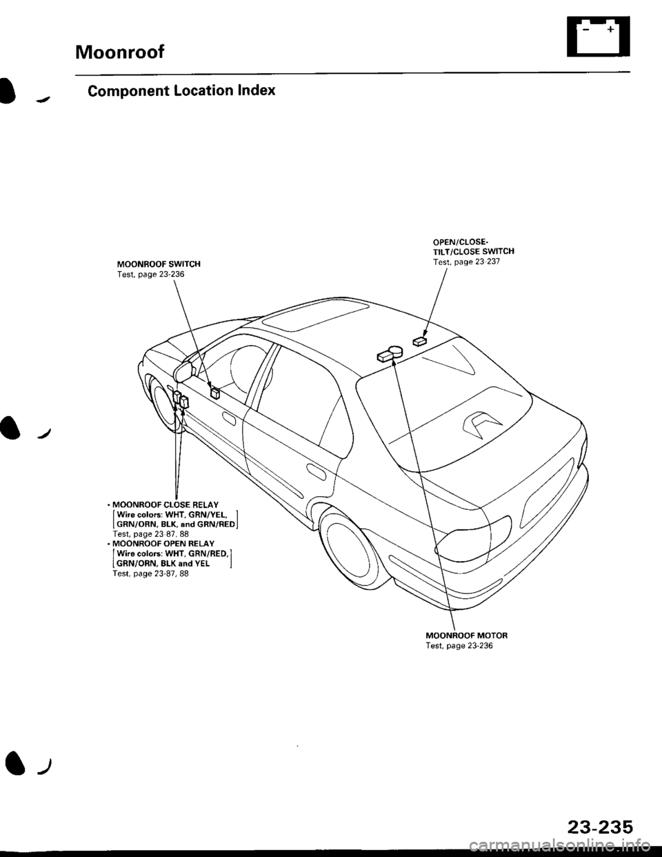 HONDA CIVIC 1998 6.G Workshop Manual Moonroof
a-/
Component Location Index
MOONBOOF SWITCHTest, page 23-236
. MOONROOF CLOSE RELAYlwire colors: WHT. GRN/YEL, lIGRN/oBN, BLK, and GRN/REDITest, page 23 87, 88. MOONROOF OPEN RELAY
f wire co HONDA CIVIC 1998 6.G Workshop Manual Moonroof
a-/
Component Location Index
MOONBOOF SWITCHTest, page 23-236
. MOONROOF CLOSE RELAYlwire colors: WHT. GRN/YEL, lIGRN/oBN, BLK, and GRN/REDITest, page 23 87, 88. MOONROOF OPEN RELAY
f wire co