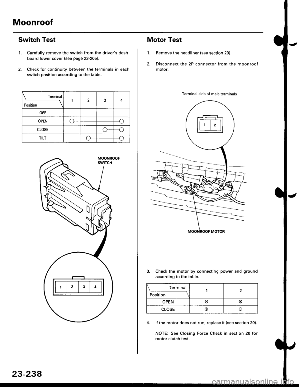 HONDA CIVIC 2000 6.G Workshop Manual Moonroof
1.
Switch Test
Carefully remove the switch from the drivers dash-
board lower cover {see page 23-205}.
Check for continuitv between the terminals in each
switch position according to the tab HONDA CIVIC 2000 6.G Workshop Manual Moonroof
1.
Switch Test
Carefully remove the switch from the drivers dash-
board lower cover {see page 23-205}.
Check for continuitv between the terminals in each
switch position according to the tab