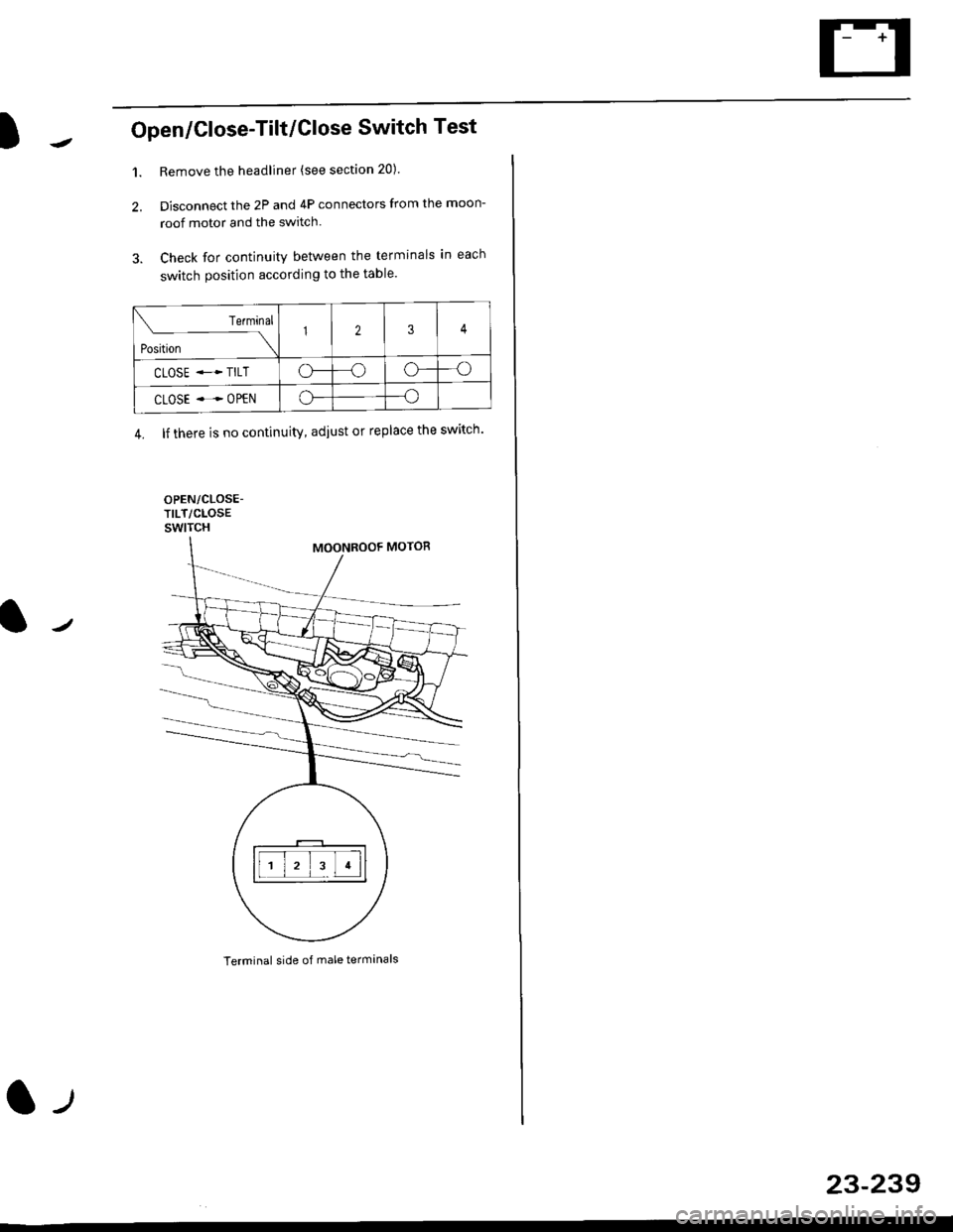 HONDA CIVIC 1997 6.G Workshop Manual Open/Close-Tilt/Close Switch Test
1. Remove the headliner (see section 20).
2. Disconnect the 2P and 4P connectors from the moon-
roof motor and the switch.
3. Check for continuity between the termina HONDA CIVIC 1997 6.G Workshop Manual Open/Close-Tilt/Close Switch Test
1. Remove the headliner (see section 20).
2. Disconnect the 2P and 4P connectors from the moon-
roof motor and the switch.
3. Check for continuity between the termina