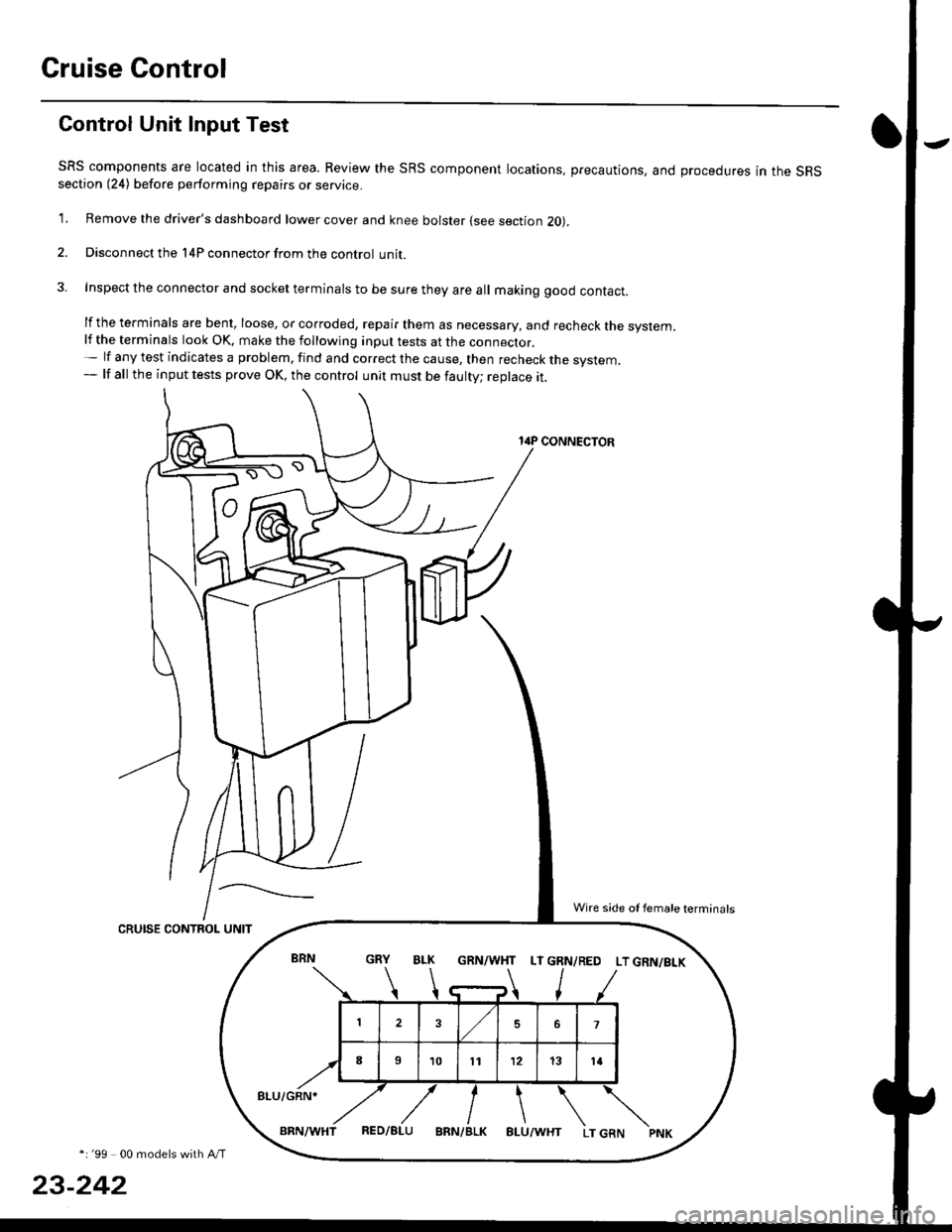 HONDA CIVIC 1996 6.G Owners Guide Cruise Control
Gontrol Unit Input Test
SRS components are located in this area. Review the SRS component locations, precautions, and procedures in the SRSsection (24) before performing repairs or serv