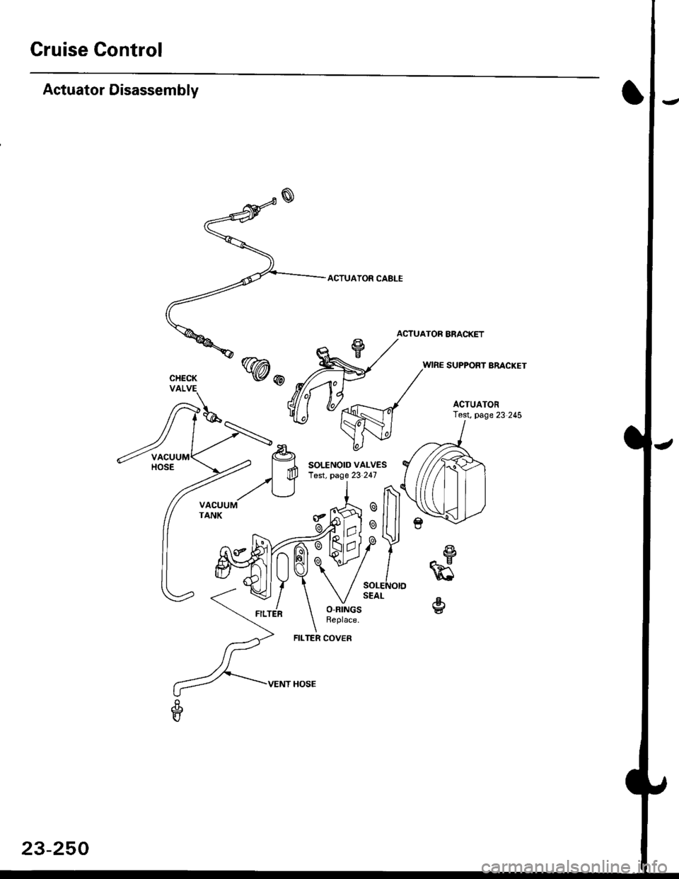 HONDA CIVIC 1999 6.G Workshop Manual Gruise Control
Actuator Disassembly
ACTUAYOR CABLE
0
o
ACTUATOR BRACKET
WIRE SUPPORT BRACKET
ACTUATORTest, page 23 245
SOLENOID VAI-VESTest, page 23 247
SOLENOIDSEAL
I
+*RlAC
E
23-250 HONDA CIVIC 1999 6.G Workshop Manual Gruise Control
Actuator Disassembly
ACTUAYOR CABLE
0
o
ACTUATOR BRACKET
WIRE SUPPORT BRACKET
ACTUATORTest, page 23 245
SOLENOID VAI-VESTest, page 23 247
SOLENOIDSEAL
I
+*RlAC
E
23-250