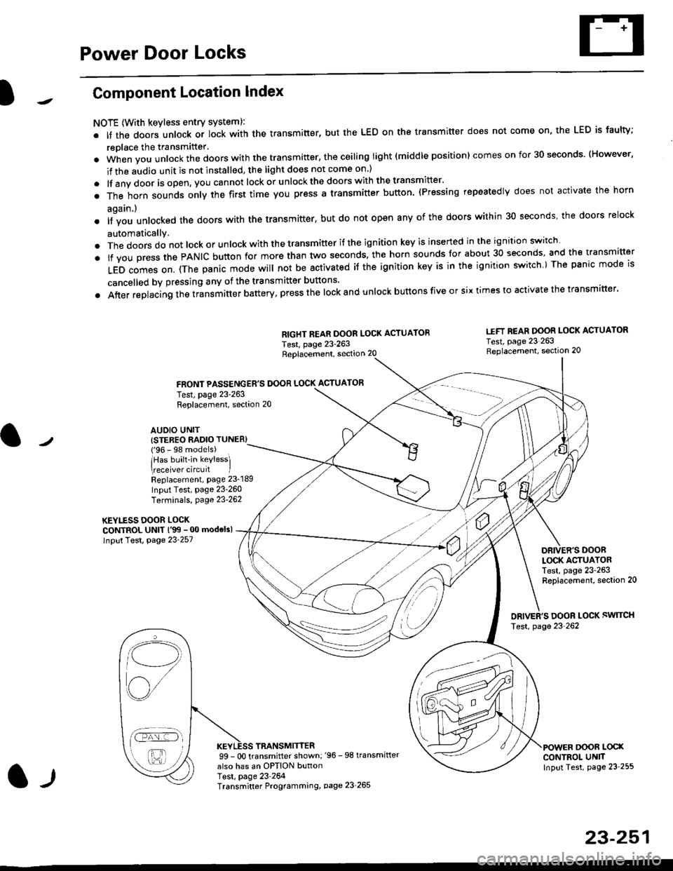HONDA CIVIC 1997 6.G Workshop Manual Power Door Locks
Component Location Index
NOTE (With keyless entry systeml:
. It the doors unlock or lock with the transmitter, but the LED on the transmitter does not come on, the LED is faulty;
repl