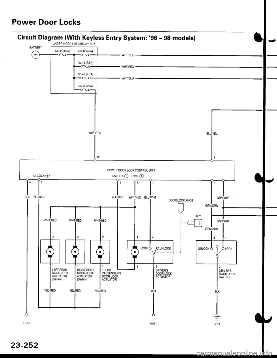HONDA CIVIC 1998 6.G Workshop Manual Power Door Locks
Circuit Diagram (With Keyless Entry System: 96 - 98 modelsl
WHTi BLK
WHT/BED
WHT/BLU
LOCK KNOB
n
Y KEY| -----.f--;-)
i-q__!J
8LK
G551
ll,o"., L
I PASSENGERSI DoOF LOCKI ACTUATOR
IIY HONDA CIVIC 1998 6.G Workshop Manual Power Door Locks
Circuit Diagram (With Keyless Entry System: 96 - 98 modelsl
WHTi BLK
WHT/BED
WHT/BLU
LOCK KNOB
n
Y KEY| -----.f--;-)
i-q__!J
8LK
G551
ll,o"., L
I PASSENGERSI DoOF LOCKI ACTUATOR
IIY