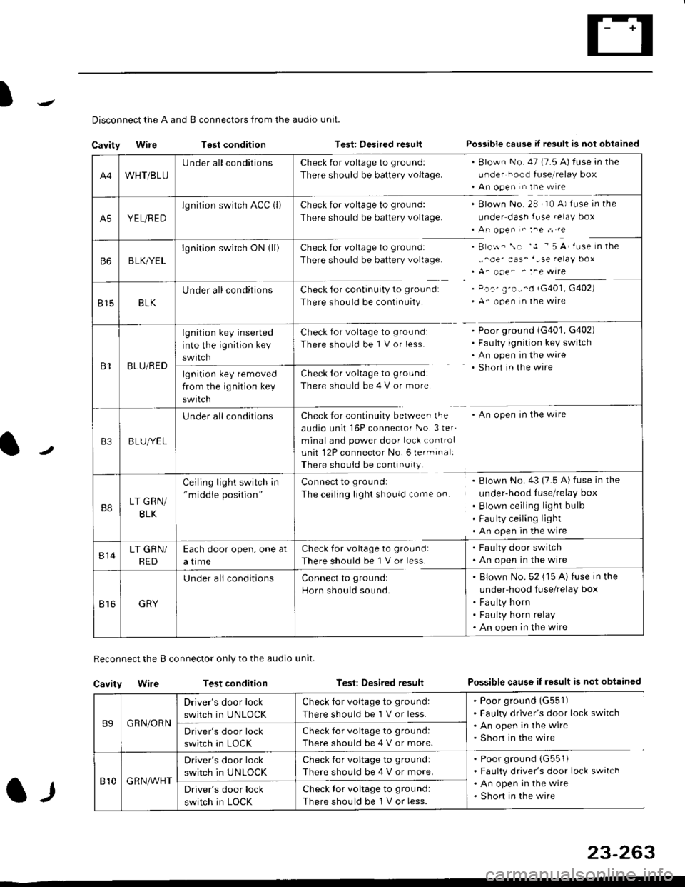 HONDA CIVIC 1999 6.G Workshop Manual )
l-l
Disconnect the A and B connectors from the audio unit.
Cavity WireTest conditionTest: Desired resultPossible cause if result is not obtained
Reconnect the B connector only to the audio unit.
Cav HONDA CIVIC 1999 6.G Workshop Manual )
l-l
Disconnect the A and B connectors from the audio unit.
Cavity WireTest conditionTest: Desired resultPossible cause if result is not obtained
Reconnect the B connector only to the audio unit.
Cav