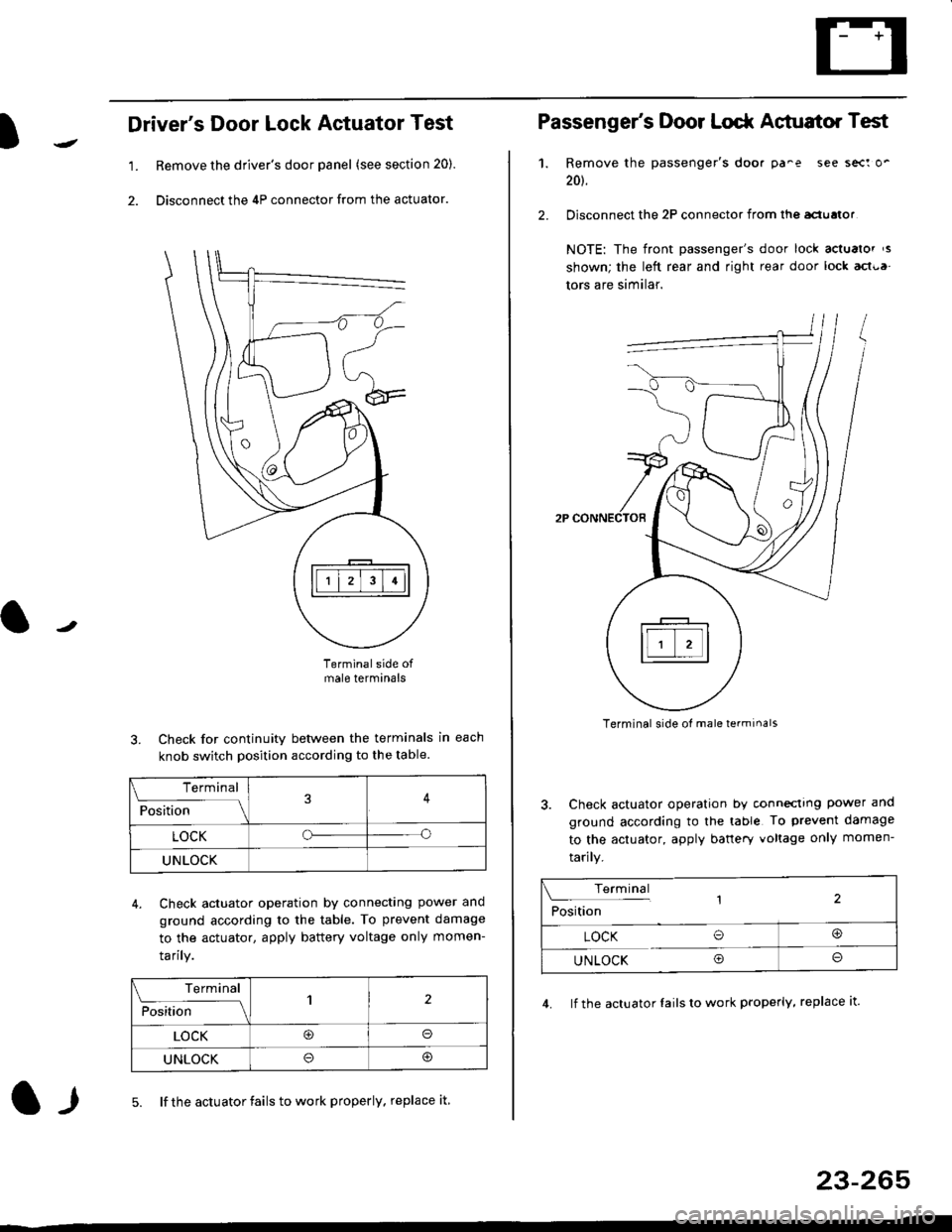 HONDA CIVIC 1997 6.G Owners Guide l
Drivers Door Lock Actuator Test
1. Remove the drivers door panel (see section 20).
2. Disconnect the 4P connector from the actuator.
J
Terminalside ofmale terminals
3. Check for continuity between
