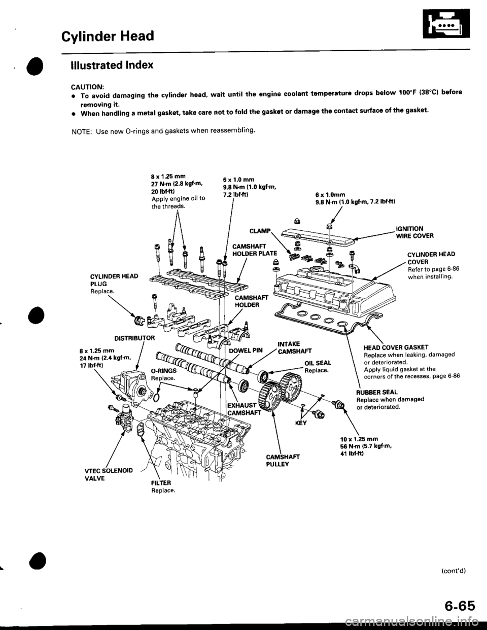 HONDA CIVIC 2000 6.G Workshop Manual Cylinder Head
lllustrated Index
CAUTION:
. To avoid damaging the cylinder head, wait until the engine coolant tempsraturo drops below 100"F (38"C1 bofote
removing it,
. when handling a metal gasket, t HONDA CIVIC 2000 6.G Workshop Manual Cylinder Head
lllustrated Index
CAUTION:
. To avoid damaging the cylinder head, wait until the engine coolant tempsraturo drops below 100"F (38"C1 bofote
removing it,
. when handling a metal gasket, t