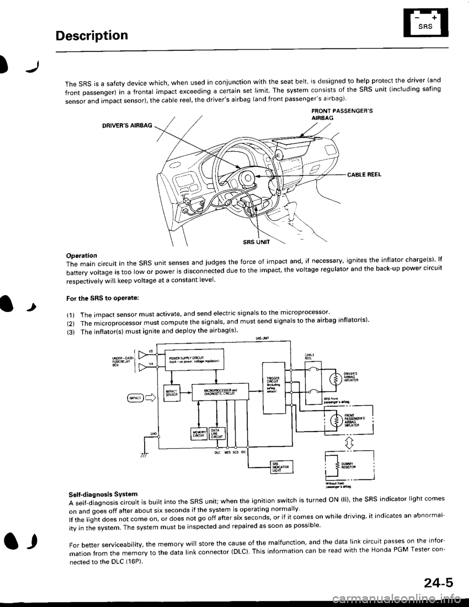 HONDA CIVIC 1999 6.G Workshop Manual Description
)
The sRS is a safety device which, when used in coniunction with the seat belt, is designed to help protect the driver land
front passenger) in a frontal impact exceeding a certain set li