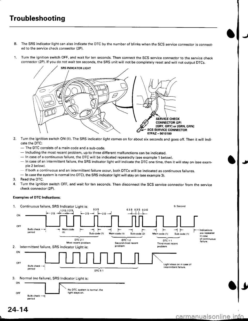 HONDA CIVIC 1999 6.G Workshop Manual Troubleshooting
J
J
B. The SRS indicator light can also indicate the DTC by the number of blinks when the SCS service connector is connect-ed to the service check connector (2P).
1. Turn the ignition HONDA CIVIC 1999 6.G Workshop Manual Troubleshooting
J
J
B. The SRS indicator light can also indicate the DTC by the number of blinks when the SCS service connector is connect-ed to the service check connector (2P).
1. Turn the ignition