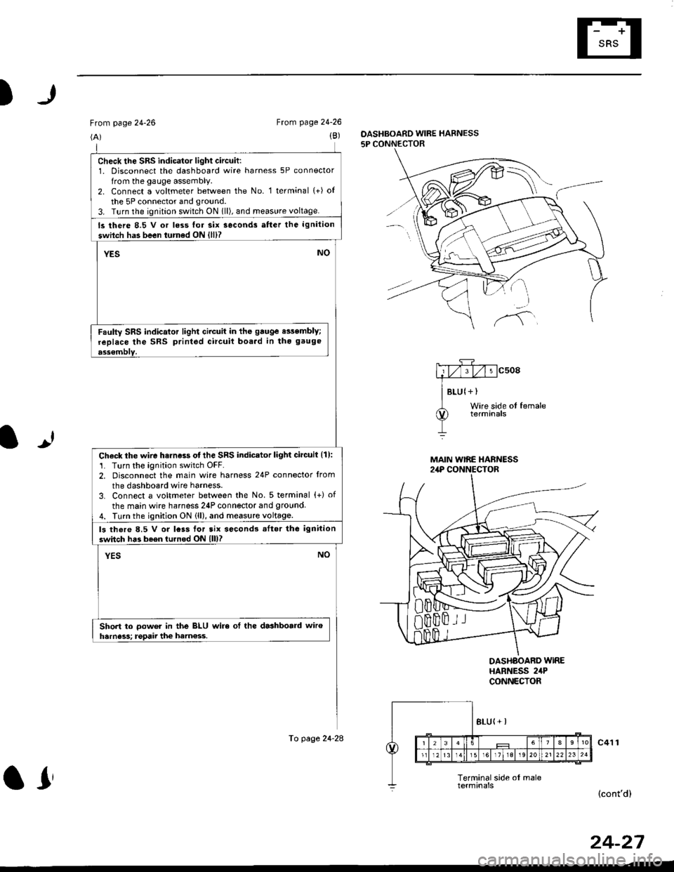 HONDA CIVIC 1999 6.G Owners Manual )
From page 24-26
(A)
From page 24-26
(B)DASHBOARD WIRE HARNESS
5P CONNECTOR
It
MAIN WIRE HARNESS2,rP CONNECTOR
DASHAOARD WIREHARNESS 2irPCONNECTOR
c41 1
(contd)
24-27
check the sRs indicator light c HONDA CIVIC 1999 6.G Owners Manual )
From page 24-26
(A)
From page 24-26
(B)DASHBOARD WIRE HARNESS
5P CONNECTOR
It
MAIN WIRE HARNESS2,rP CONNECTOR
DASHAOARD WIREHARNESS 2irPCONNECTOR
c41 1
(contd)
24-27
check the sRs indicator light c