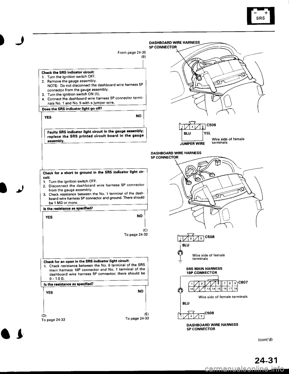 HONDA CIVIC 1998 6.G Owners Guide )
From page 2430(B)
To page 24-33
5P CONNECTOF
mcsogA#
I Btu lYEtWire side of fomale
lUUpeA Wtng terminals
OASHBOARD WIRE HARNESS
It
Wire side ol femaletetmtnals
SRS MAIN HARNESSlAP CONNECTOR
(D)
To 
