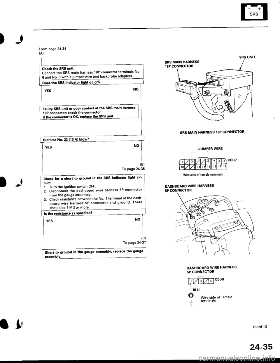 HONDA CIVIC 1999 6.G Owners Manual )
From page 24-34(A)
SRS MAIN HARNESS I8P CONNECTOR
(B)
To page 24-36
1)
Wire sidg of lemale terminals
DASHBOARD WIRE HARNESS
5P CONNECTOR
ic)To page 2131
DASHBOARD WIRE HARNESS
5P CONNECTOR
c508
t o HONDA CIVIC 1999 6.G Owners Manual )
From page 24-34(A)
SRS MAIN HARNESS I8P CONNECTOR
(B)
To page 24-36
1)
Wire sidg of lemale terminals
DASHBOARD WIRE HARNESS
5P CONNECTOR
ic)To page 2131
DASHBOARD WIRE HARNESS
5P CONNECTOR
c508
t o