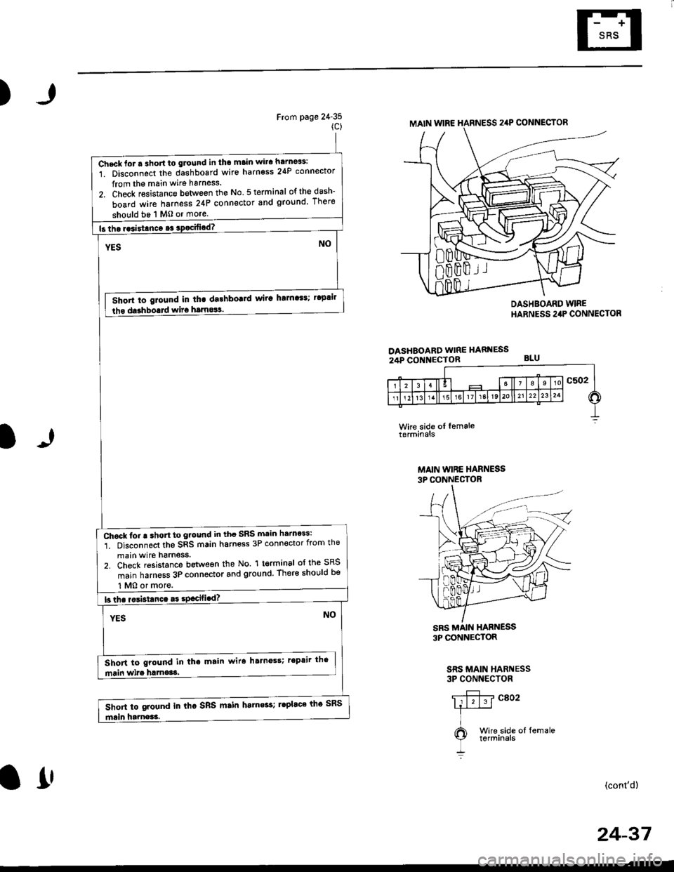HONDA CIVIC 1999 6.G Owners Manual )
From page 24-35(c)
DASHEOARD WIRE HARNESS24P CONNECTOR
DASHBOARD WIREHARNESS 24P CONNECTOR
BLU
l)
Wke side oI femaleterminals
MAIN WIBE HARNESS3P CONNECTOR
3P CONNECTOR
SRS MAIN HARNESS3P CONNECTOR
HONDA CIVIC 1999 6.G Owners Manual )
From page 24-35(c)
DASHEOARD WIRE HARNESS24P CONNECTOR
DASHBOARD WIREHARNESS 24P CONNECTOR
BLU
l)
Wke side oI femaleterminals
MAIN WIBE HARNESS3P CONNECTOR
3P CONNECTOR
SRS MAIN HARNESS3P CONNECTOR