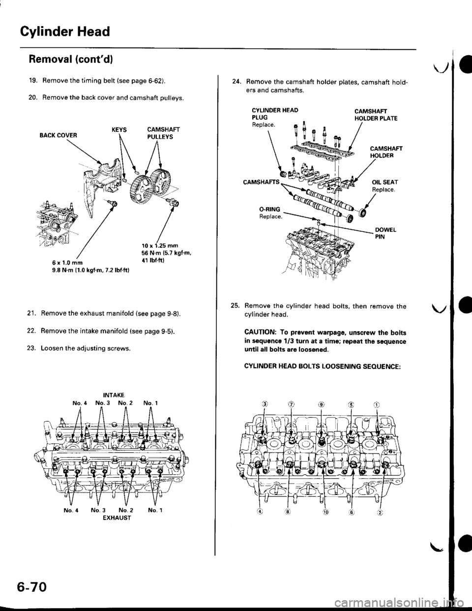 HONDA CIVIC 2000 6.G Workshop Manual Cylinder Head
19.
20.
Removal (contdl
Remove the timing belt {see page 6-62).
Remove the back cover and camshaft pulleys.
BACK COVER
56 N.m (5.7 kgf m,
41 tbt.f06xl.0mm9.8 N,m (1.0 kgf.m, 7.2 lbf.ft)