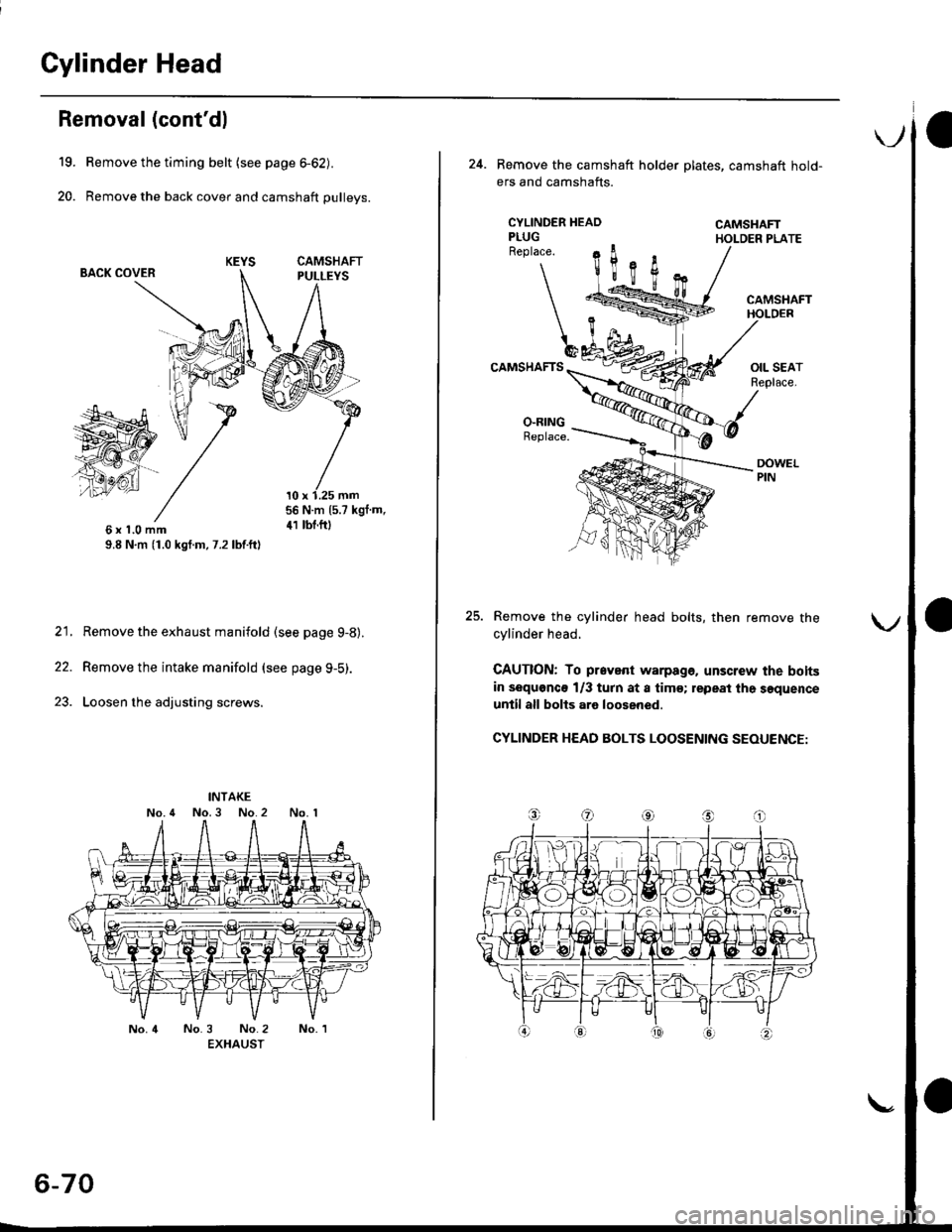 HONDA CIVIC 2000 6.G Workshop Manual Cylinder Head
19.
20.
Removal (contdl
Remove the timing belt {see page 6-62).
Remove the back cover and camshaft pulleys.
BACK COVER
56 N.m (5.7 kgf m,
41 tbt.f06xl.0mm9.8 N,m (1.0 kgf.m, 7.2 lbf.ft) HONDA CIVIC 2000 6.G Workshop Manual Cylinder Head
19.
20.
Removal (contdl
Remove the timing belt {see page 6-62).
Remove the back cover and camshaft pulleys.
BACK COVER
56 N.m (5.7 kgf m,
41 tbt.f06xl.0mm9.8 N,m (1.0 kgf.m, 7.2 lbf.ft)