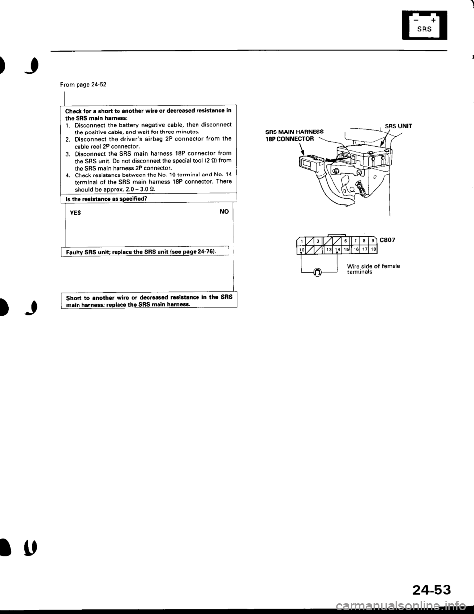 HONDA CIVIC 1999 6.G Workshop Manual l
)
)J
Frcm page 24-52
Check tor a short to another wira or docroased tesistanco in
th€ SRS main hamess:1. Disconnect the battery negative cable, then disconnect
the positive cable, and wait tor thr HONDA CIVIC 1999 6.G Workshop Manual l
)
)J
Frcm page 24-52
Check tor a short to another wira or docroased tesistanco in
th€ SRS main hamess:1. Disconnect the battery negative cable, then disconnect
the positive cable, and wait tor thr
