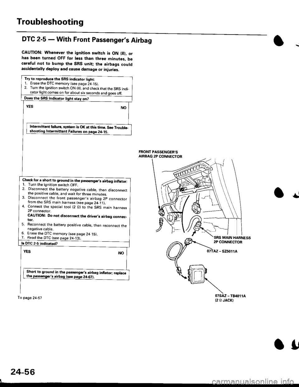 HONDA CIVIC 1999 6.G Workshop Manual Troubleshooting
DTC 2-5 - With Front Passengers Airbag
CAUTION: Whenever the ignition switch is ON 0l). orhas b€6n turned OFF tor loss than three minutes. becareful not to bump tho SRS unit; th€ HONDA CIVIC 1999 6.G Workshop Manual Troubleshooting
DTC 2-5 - With Front Passengers Airbag
CAUTION: Whenever the ignition switch is ON 0l). orhas b€6n turned OFF tor loss than three minutes. becareful not to bump tho SRS unit; th€