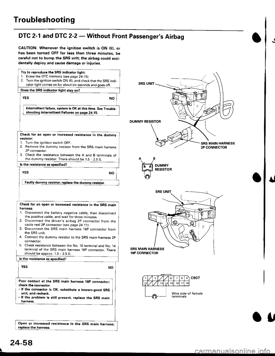 HONDA CIVIC 1999 6.G Workshop Manual Troubleshooting
DTC 2-1 and DTC 2-2 - Wathout Front Passengers Airbag
CAUTION: Whenever the ignition switch is ON {lll. or
has been turned OFF tor less than three minutes, be
caretul not to bump the HONDA CIVIC 1999 6.G Workshop Manual Troubleshooting
DTC 2-1 and DTC 2-2 - Wathout Front Passengers Airbag
CAUTION: Whenever the ignition switch is ON {lll. or
has been turned OFF tor less than three minutes, be
caretul not to bump the