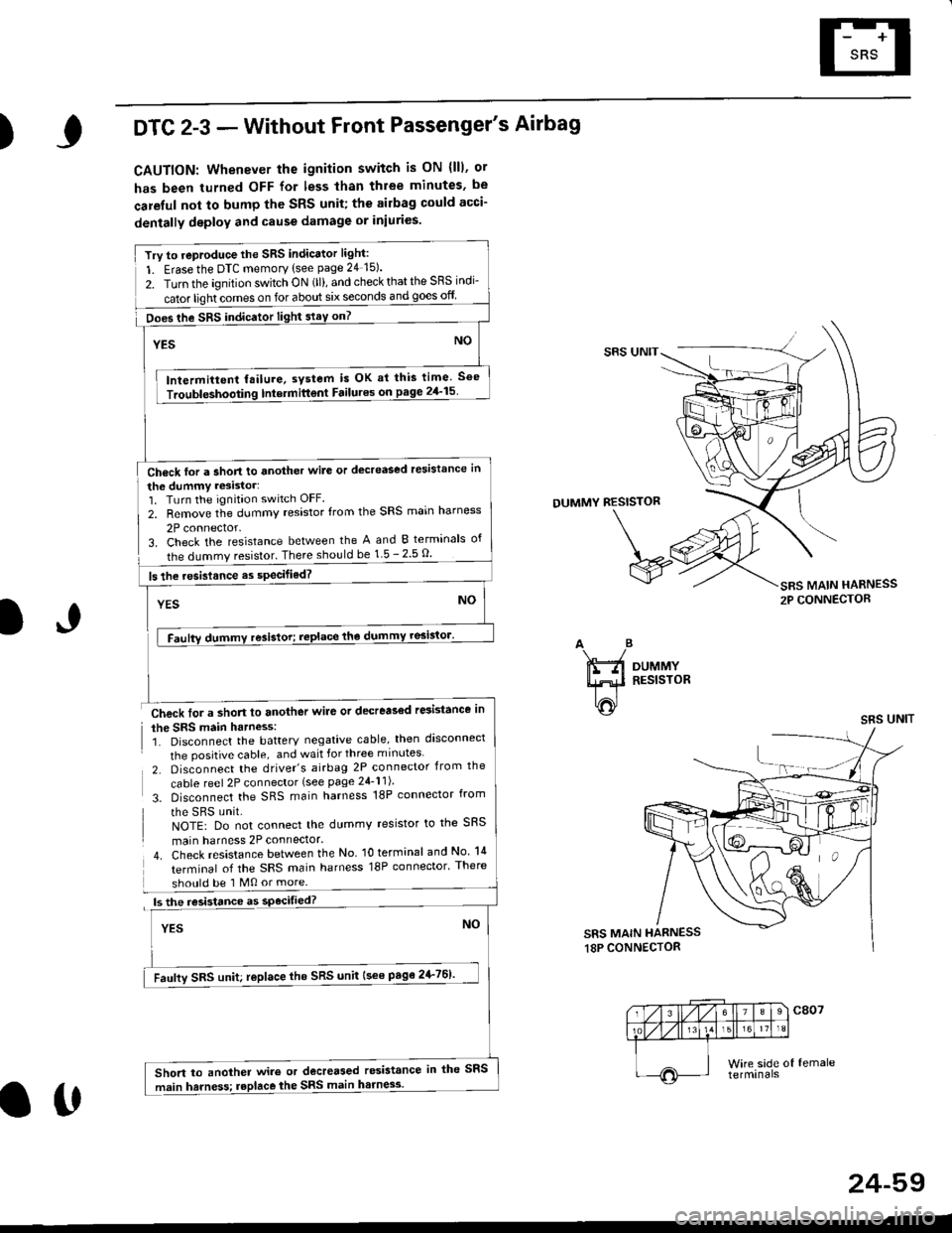 HONDA CIVIC 1999 6.G Workshop Manual )DTC 2-3 - Without Front Passengers Airbag
CAUTION: Whenever the ignition switch is ON (lll, ot
has been turned OFF for less than three minutes, be
careful not to bump thc SRS unit; the ailbag could HONDA CIVIC 1999 6.G Workshop Manual )DTC 2-3 - Without Front Passengers Airbag
CAUTION: Whenever the ignition switch is ON (lll, ot
has been turned OFF for less than three minutes, be
careful not to bump thc SRS unit; the ailbag could