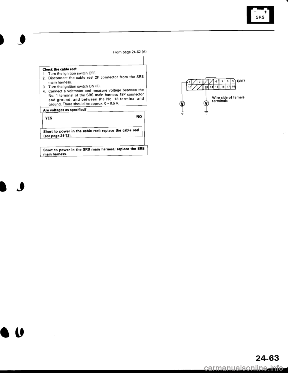 HONDA CIVIC 1999 6.G Workshop Manual ,)
IJ
t,
From page 2462 (A)
Check the cable reel:
1. Turn the ignition switch OFF
2. Disconneit the cable reel 2P connector from the SRS
maln harness,
3. Turn the ignition switch ON {ll}
4. Connect a HONDA CIVIC 1999 6.G Workshop Manual ,)
IJ
t,
From page 2462 (A)
Check the cable reel:
1. Turn the ignition switch OFF
2. Disconneit the cable reel 2P connector from the SRS
maln harness,
3. Turn the ignition switch ON {ll}
4. Connect a