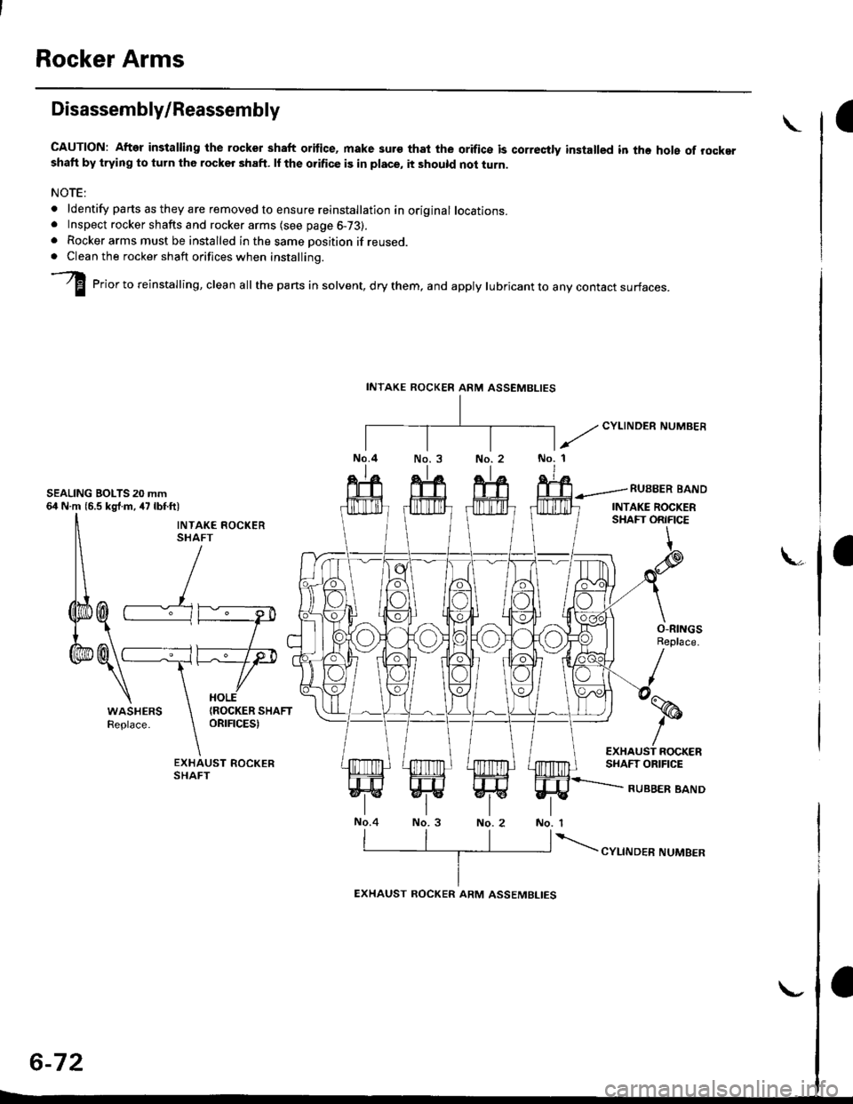 HONDA CIVIC 1997 6.G Workshop Manual Rocker Arms
Disassembly/Reassembly
CAUTION: After installing the rocker shaft oritice, make suro thot the orifics is correctly installed in the hole of rockershaft by trying to turn the rocker shaft. HONDA CIVIC 1997 6.G Workshop Manual Rocker Arms
Disassembly/Reassembly
CAUTION: After installing the rocker shaft oritice, make suro thot the orifics is correctly installed in the hole of rockershaft by trying to turn the rocker shaft.