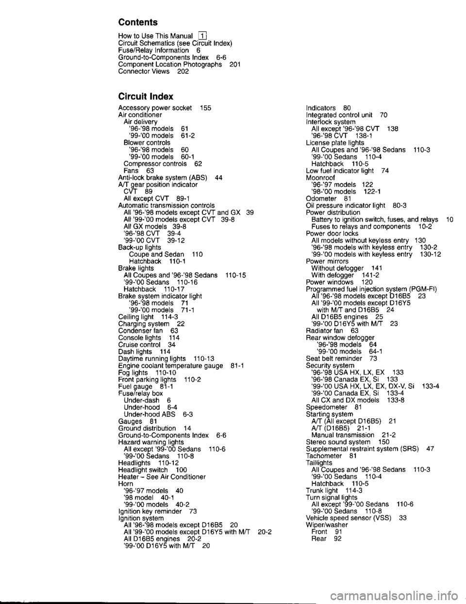 HONDA CIVIC 1998 6.G Workshop Manual Contents
How to Use This Manual ICircuit Schematics (see Circuit Index)Fuse/Relaylnformation 6Ground-to-Componentslndex 6-6ComponentLocationPhotooraohs 201Conriector Views 202
Circuit Index
Accessory HONDA CIVIC 1998 6.G Workshop Manual Contents
How to Use This Manual ICircuit Schematics (see Circuit Index)Fuse/Relaylnformation 6Ground-to-Componentslndex 6-6ComponentLocationPhotooraohs 201Conriector Views 202
Circuit Index
Accessory