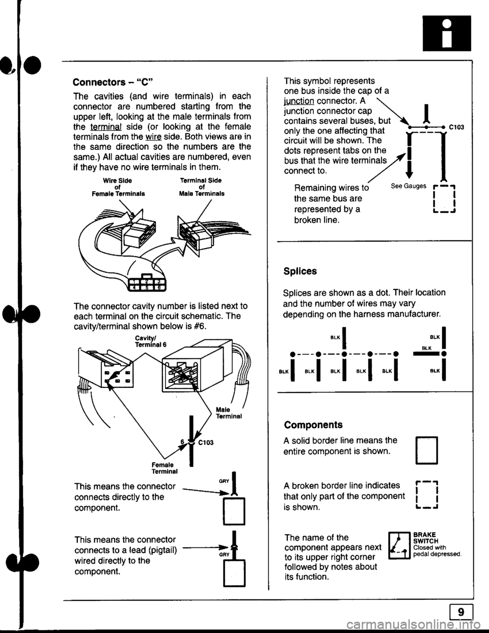 HONDA CIVIC 1997 6.G Owners Guide Connectors - "C"
The cavities (and wire terminals) in each
connector are numbered starting from the
upper left, looking at the male terminals trom
the terminal side (or looking at the female
lerminals HONDA CIVIC 1997 6.G Owners Guide Connectors - "C"
The cavities (and wire terminals) in each
connector are numbered starting from the
upper left, looking at the male terminals trom
the terminal side (or looking at the female
lerminals